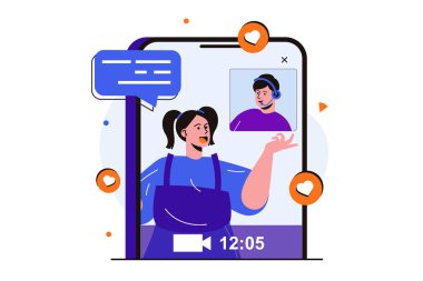 Web afişi tasarımı için video sohbeti modern düz konsept. Kadın ve erkek mobil video uygulaması kullanarak konuşuyor. Genç kız canlı yayında. İzole edilmiş insan sahnesi ile vektör illüstrasyonu