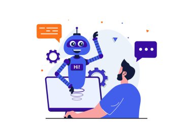 Web afişi tasarımı için sanal yardımcı modern düz konsept. İnsan teknik destek ile temas kurar ve yapay zekaya sahip sohbet robotu tarafından cevaplanır. İzole edilmiş insan sahnesi ile vektör illüstrasyonu