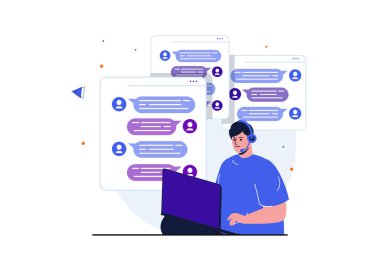 Web afişi tasarımı için sanal yardımcı modern düz konsept. Kulaklık takmış bir adam kuryeyle müşteriyle sohbet ediyor, sorunu çözmeye yardım ediyor ve tavsiyelerde bulunuyor. İzole edilmiş insan sahnesi ile vektör illüstrasyonu