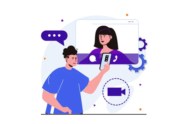 Video chatten modern plat concept voor web banner ontwerp. Man pleegt videogesprek met behulp van mobiele telefoon en communiceert met de vrouw. Online ontmoeting van vrienden. Vector illustratie met geïsoleerde mensen scène — Stockvector