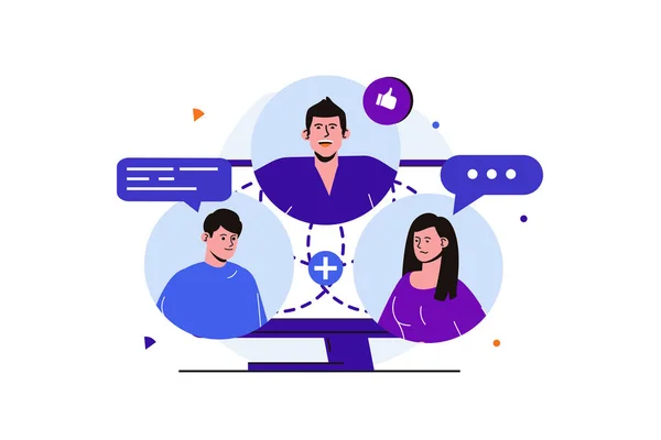 Video chat moderno concepto plano para el diseño de banners web. Grupo de amigos se comunican en llamadas en línea, escribir mensajes. Los empleados remotos consultan en línea. Ilustración vectorial con escena aislada de personas — Archivo Imágenes Vectoriales