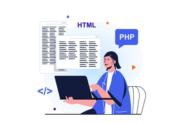 Women working modern flat concept for web banner design. Woman works as programmer, develops programs, writes code in html and php, works in IT industry. Vector illustration with isolated people scene