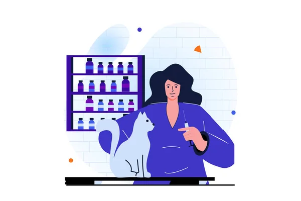 Women working modern flat concept for web banner design. Woman works as veterinarian, examines and diagnoses cat, makes pet vaccination in vet clinic. Vector illustration with isolated people scene — Stock Vector