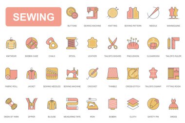 Dikiş konsepti basit çizgi simgeleri ayarlandı. Örgü, iğne, manken, vestiyer, vestiyer, kumaş rulo, kumaş, kumaş, demir ve diğer şeylerin ana hatları. Mobil uygulama ve web tasarımı için vektör ögeleri