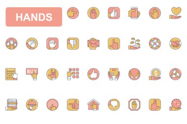 El kavramı basit çizgi simgeleri ayarlandı. Farklı jestler gösteren insan ellerinin ana hatlarını paketle. İşaretler tamam, tamam, dur, dur, hoşlanmama ve diğerleri gibi. Mobil uygulama ve web tasarımı için vektör ögeleri