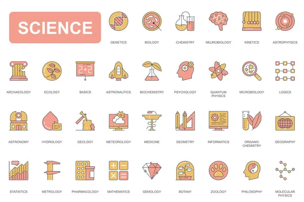 Koncepcja nauki proste ikony linii zestaw. Opakowanie piktogramy biologii, chemii, biologii, astronomii, psychologii, mikrobiologii, medycyny i innych. Elementy wektorowe dla aplikacji mobilnych i projektowania stron internetowych — Wektor stockowy