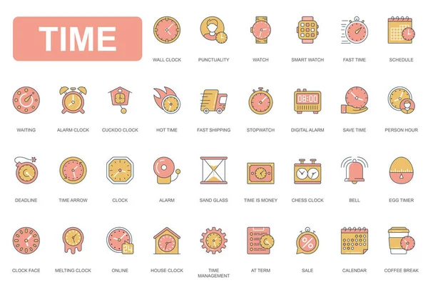 Zeitkonzept einfache Zeilensymbole gesetzt. Pack umreißen Piktogramme der Uhr, Uhr, Pünktlichkeit, Zeitmanagement, Alarm, Stoppuhr, Termin, Zeitplan und andere. Vektorelemente für mobile App und Webdesign — Stockvektor