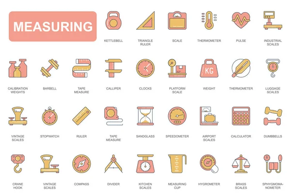Messkonzept einfache Liniensymbole setzen. Pack umreißen Piktogramme von Kessel, Lineal, Waage, Thermometer, Uhren, Sandglas, Kompass, Teiler und anderen. Vektorelemente für mobile App und Webdesign — Stockvektor