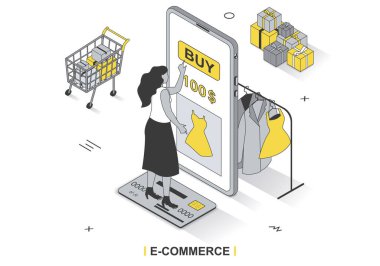 E-ticaret konsepti 3 boyutlu izometrik tasarım. Kadın mobil uygulamadan kıyafet alıyor, alışverişleri kredi kartıyla, online alışverişle, web şablonuyla ödüyor. İnsan sahnesi ile vektör illüstrasyonu