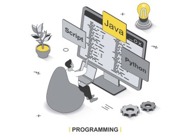 3D izometrik tasarım programlama konsepti. Geliştirici kodla çalışır, Java ve Python 'da kodlar, betikler yazar, yazılım geliştirir, satır şablonu oluşturur. İnsan sahnesi ile vektör illüstrasyonu