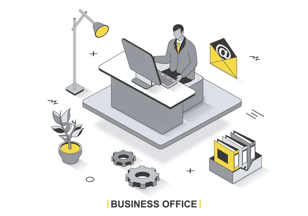 Business office concept in 3d isometric outline design. Employee works on computer at workplace, workflow and document management in company, line web template. Vector illustration with people scene — Stock Vector