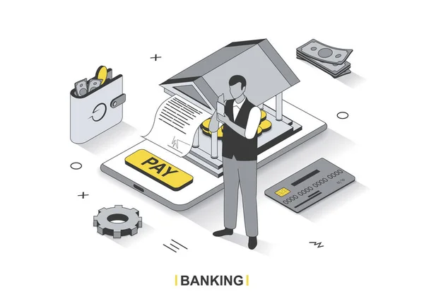 Banking service concept in 3d isometric outline design. Bank client pays invoice, makes financial transactions on account, manages finances line web template. Vector illustration with people scene — Stock Vector