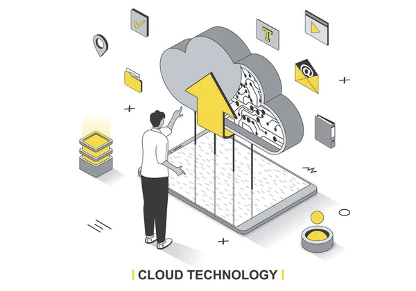 Koncept technologie cloudu v 3D izometrickém návrhu obrysu. Uživatel nahrává a sdílí soubory online, vytváří zálohování, cloudové úložiště a výpočetní techniku, liniové webové šablony. Vektorová ilustrace s lidskou scénou — Stockový vektor