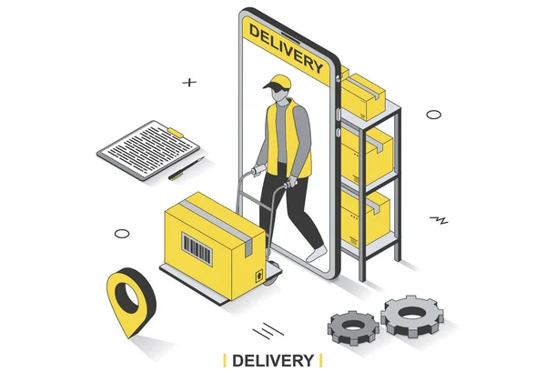3Dアイソメトリックアウトライン設計におけるデリバリーサービスコンセプト。倉庫労働者は小包を運び、宅配便は箱を配達し、高速輸送は、ラインウェブテンプレート。人のシーンとベクトルイラスト — ストックベクタ