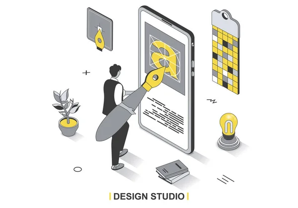 Designstudio-Konzept in 3D-isometrischer Umrissgestaltung. Designer mit riesigen Pinsel zeichnet grafische Elemente für die Benutzeroberfläche der mobilen Anwendung, Linie Web-Vorlage. Vektorillustration mit Personenszene — Stockvektor