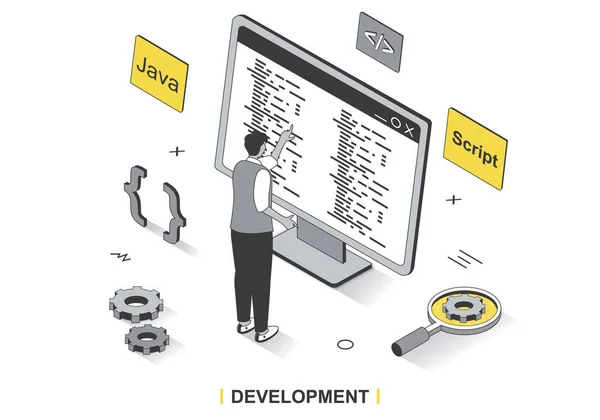 Концепція розвитку в 3d ізометричному дизайні. Розробник програм і пише код на Java, створює спрайти, інженерію і оптимізацію, лінійний веб-шаблон. Векторна ілюстрація з людьми — стоковий вектор