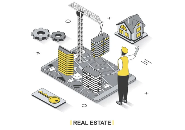 Real estate business koncept v 3D izometrické osnovy designu. Stavitel vytváří mrakodrapy a domy na prodej a investice, nákup nemovitostí, line web šablony. Vektorová ilustrace s lidskou scénou — Stockový vektor