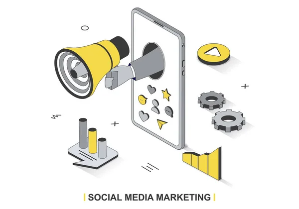 Concept de marketing des médias sociaux dans la conception de contours isométriques 3D. Promotion des entreprises en ligne, publicité, attirer des abonnés, création de contenu, modèle de ligne web. Illustration vectorielle avec scène de personnes — Image vectorielle