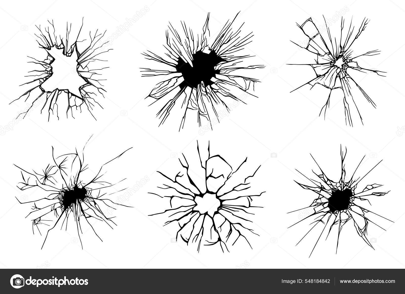 Broken glass stamp set isolated elements. Bundle of cracked mirror effect,  crushed glass with bullet hole, broken surface with cracks, grunge texture.  Vector illustration in flat cartoon design. Stock Vector by ©alexdndz, image size:1600x1164