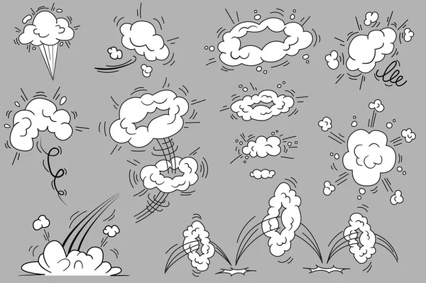 Esplosioni di scoppio e nuvole in stile comico impostano elementi isolati. Pacchetto di effetti di fumo cornici con spruzzi e curva in movimento per esprimere energia di movimento. Illustrazione vettoriale in disegno del fumetto piatto. — Vettoriale Stock