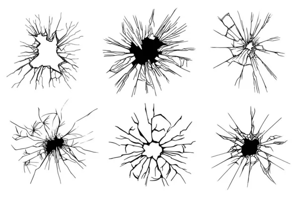 Bruten glasstämpel som isolerade element. En bunt sprucken spegeleffekt, krossat glas med kulhål, bruten yta med sprickor, grunge konsistens. Vektor illustration i platt tecknad design. — Stock vektor