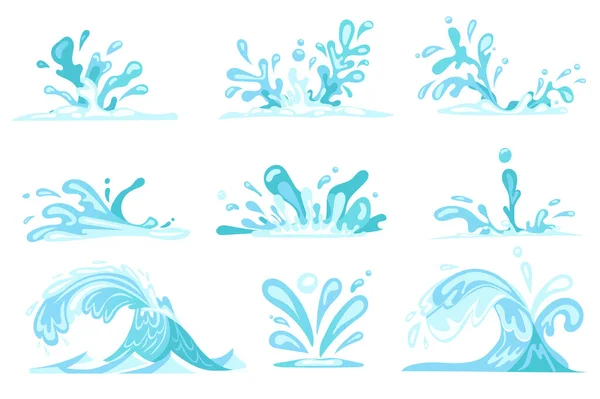 El agua con salpicaduras y gotas establece elementos aislados. Paquete de agua dulce y limpia, agua pura y azul, olas oceánicas y líquido con diferentes formas. Ilustración vectorial en diseño plano de dibujos animados. — Vector de stock