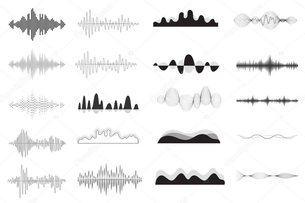 Sound waves in different shapes set isolated elements. Bundle of vibration and waving lines for musical player or audio equalizer, voice signal, waveforms. Vector illustration in flat cartoon design.