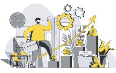 Kariyer fırsatları konsepti ana hatlarıyla insanların sahnesi. Adam yeni projeler arıyor, para yatırıyor ve gelirini arttırıyor, hedeflerine ulaşıyor. Web şablonu için düz çizgi tasarımında vektör illüstrasyonu
