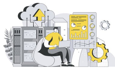 Ana hatları insan sahnesi olan veri merkezi teknoloji konsepti. Adam mühendis sunucu odasını koruyor ve gösterge panelindeki donanımın performansını kontrol ediyor. Web şablonu için düz çizgi tasarımında vektör illüstrasyonu