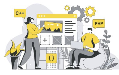 Ana hatları insan sahnesi olan geliştirici takım konsepti. Erkek ve kadın uygulama ya da web sitesi arayüzü, programlama ve kodlama geliştiriyor. Web şablonu için düz çizgi tasarımında vektör illüstrasyonu