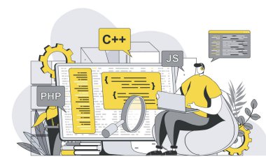 Ana hatları insan sahnesi olan yazılım konsepti programlanıyor. Geliştirici kodlar farklı dillerde, programlar ve yazılımlar yaratır, uygulamaları optimize eder. Web şablonu için düz çizgi tasarımında vektör illüstrasyonu
