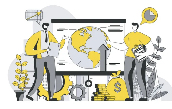 Concetto di strategia aziendale globale con contorno persone scena. Gli uomini discutono strategia di espansione sulla mappa del globo, marketing in società internazionale. Illustrazione vettoriale in linea piana per modello web — Vettoriale Stock