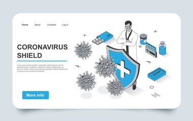 Coronavirus kavramını 3D izometrik iniş sayfası tasarımı ile durdurun. Sıhhiye sağlığını virüs, ihtiyat ve önleme tedbirlerinden, hastalık tedavisinden ve ağ şablonundan koruyor. Vektör illüstrasyonu.