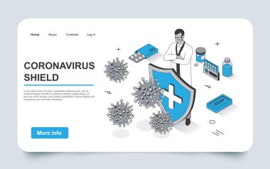 Coronavirus kavramını 3D izometrik iniş sayfası tasarımı ile durdurun. Sıhhiye sağlığını virüs, ihtiyat ve önleme tedbirlerinden, hastalık tedavisinden ve ağ şablonundan koruyor. Vektör illüstrasyonu.