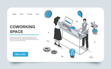 3D izometrik iniş sayfası tasarımı ile birlikte çalışma alanı kavramı. Çalışanlar ya da serbest çalışanlar dizüstü bilgisayarlar, beyin fırtınası ve iş iletişimi, ağ şablonu üzerinde çalışıyorlar. Vektör illüstrasyonu.
