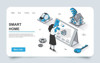 3D izometrik iniş sayfası tasarımı ile akıllı ev konsepti. Kadın evdeki sensörleri bilgisayar, sistem izleme, güvenlik ve otomasyon, ağ şablonu kullanarak kontrol ediyor. Vektör illüstrasyonu.