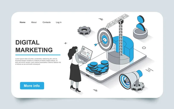 Marketing concept in 3d isometric landing page outline design. Woman doing market research, developing strategy, targeting, promoting successful business, line web template. Vector illustration. — Stock Vector