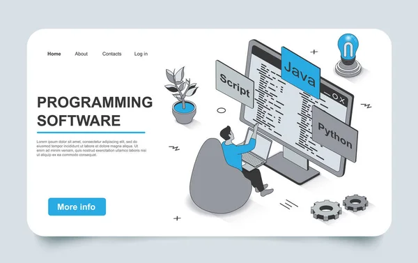 Concetto di programmazione nel design del profilo della pagina di destinazione isometrica 3d. Sviluppatore lavora con il codice, codifica in Java e Python, scrive script, sviluppa software, modello web linea. Illustrazione vettoriale. — Vettoriale Stock