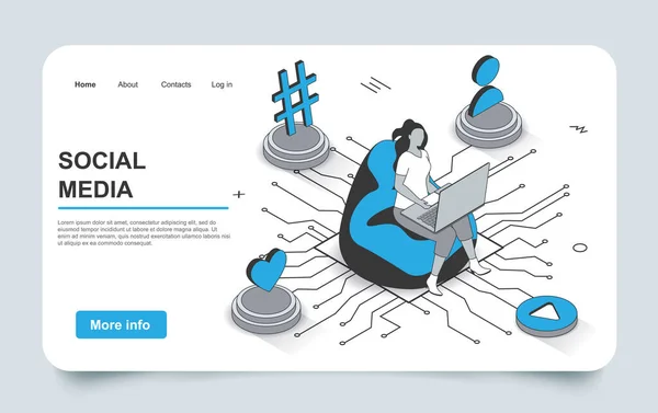 Social media concept in 3d isometric landing page outline design. Woman browses on laptop, creates profile, watches video content, likes and shares posts, line web template. Vector illustration. — Stock Vector