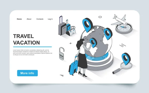 Conceito de férias de viagem em 3d design isométrico landing page esboço. Mulher com bagagem escolhe direções, passeios de busca, bilhetes de livro para avião e hotel, modelo de linha web. Ilustração vetorial. — Vetor de Stock