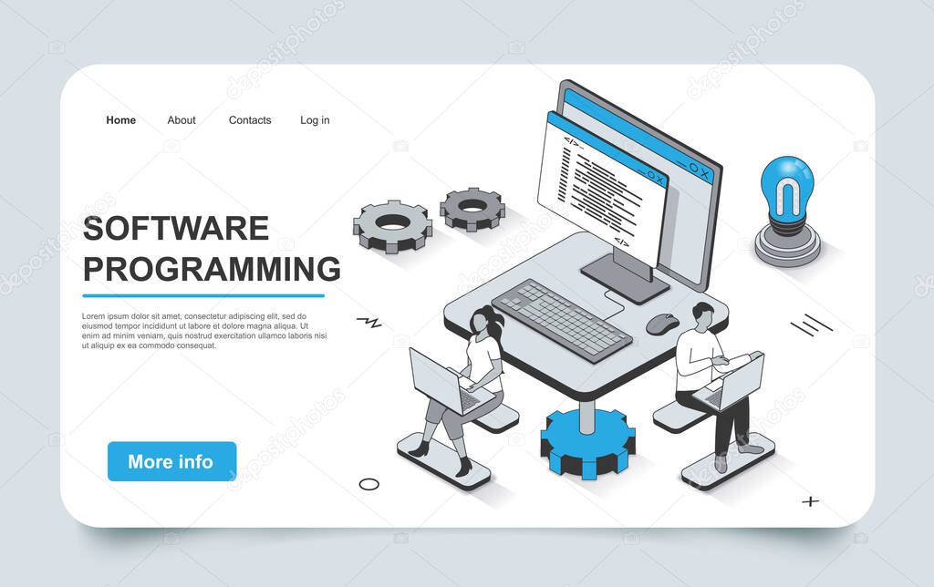 Software programming concept in 3d isometric landing page outline design. Development team programs, tests and optimizes computer programs, works in office, line web template. Vector illustration.