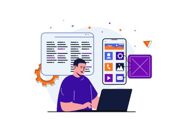 Web pankartı tasarımı için uygulama geliştirme modern düz konsept. Erkek tasarımcı dizüstü bilgisayarda mobil uygulama, kodlama ve arayüz düzeni üzerinde çalışıyor. İzole edilmiş insanlar görüntüsü