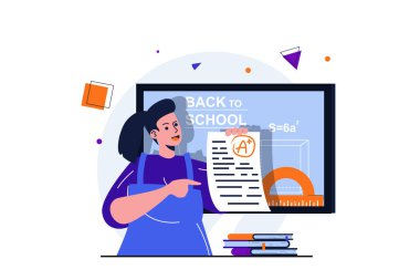 Web pankartı tasarımı için modern düz konsepte geri dönüyoruz. Mutlu liseli kız sınav kağıdını tutuyor ve en yüksek puanı alıyor. Üniversitede okuyan bir öğrenci. İzole edilmiş insanlar görüntüsü