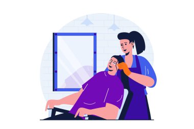 Web pankartı tasarımı için güzellik salonu modern düz konsept. Kadın kuaför müşterinin saçını boyuyor. Bayan ziyaretçiler sandalyede oturmaktan hoşlanırlar. İzole edilmiş insanlar görüntüsü