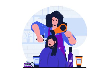 Web pankartı tasarımı için güzellik salonu modern düz konsept. Kuaför, saç kurutma makinesiyle müşteriyi kurutur ve şekillendirir. Stüdyoda kadın saçını kestiriyor. İzole edilmiş insanlar görüntüsü