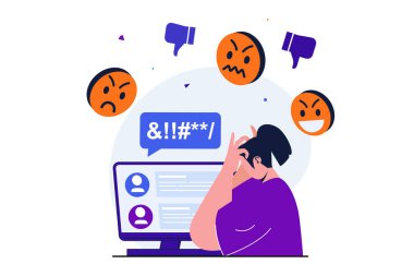 İnternet afişi tasarımı için modern düz konsept zorbalık. Hüsrana uğramış kadın, sosyal ağlarda nefret edenlerin kızgın ve agresif yorumlarını okuyor. Siber zorbalık. İzole edilmiş insanlar görüntüsü