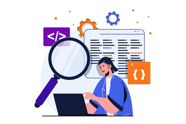 App-Entwicklung modernes flaches Konzept für Webbanner-Design. Entwicklerinnen betreiben Marketing-Forschung, arbeiten mit Code und Skripten, Einstellungen und Optimierungen. Illustration mit isolierter Szene — Stockfoto