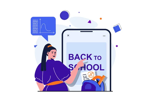 Back to school modern flat concept for web banner design. Student studying for excellent grades, gain new knowledge and using mobile phone for learning. Illustration with isolated people scene