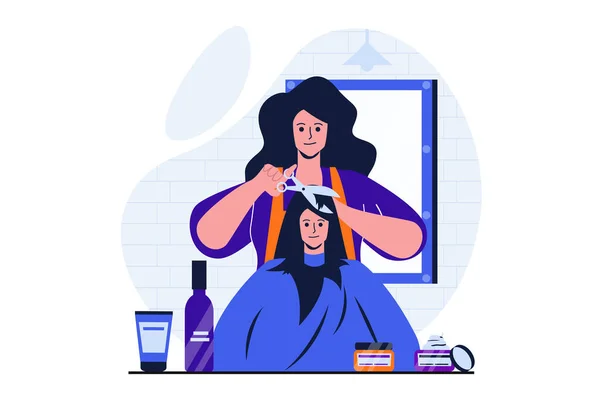 Salon piękności nowoczesna płaska koncepcja do projektowania banerów internetowych. Fryzjer obcina włosy nożyczkami i kształtuje grzywkę klientów. Kobieta strzyże się w studio. Ilustracja z odizolowanych ludzi sceny — Zdjęcie stockowe