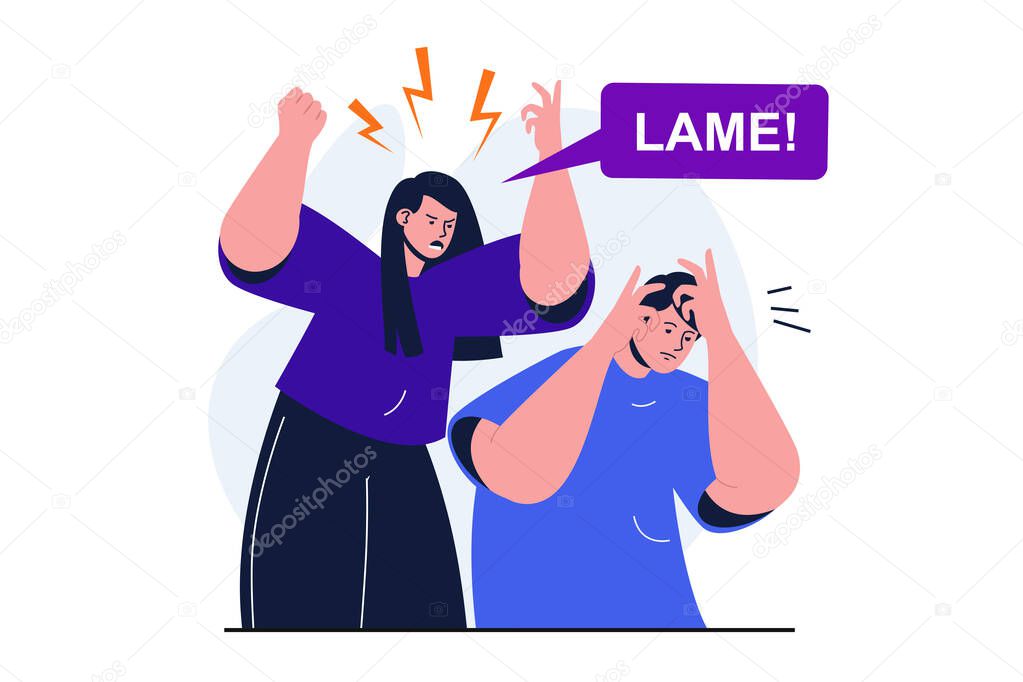 Bullying modern flat concept for web banner design. Aggressive woman screaming and insulting suffering man. Emotional pressure and violence in couple. Illustration with isolated people scene